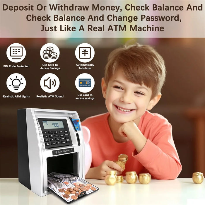 ATM-Style Smart Piggy Bank for Kids Auto Bill and Coin Recognizing Money Box Educational Toys (USD Version) - 2