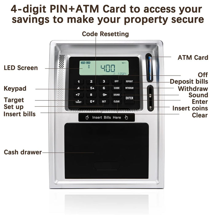 ATM-Style Smart Piggy Bank for Kids Auto Bill and Coin Recognizing Money Box Educational Toys (USD Version) - 4