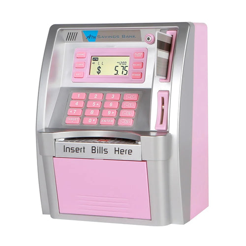 Children Piggy Bank Simulation ATM Machine Toy Banknote Automatic Rolling Saving Box (US Dollar Version) - Pink+Silver - 1