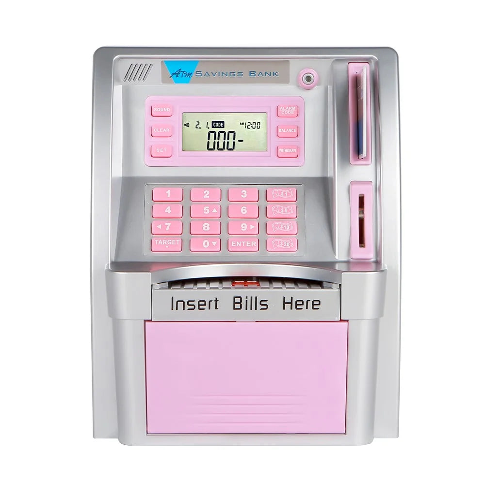 Children Piggy Bank Simulation ATM Machine Toy Banknote Automatic Rolling Saving Box (US Dollar Version) - Pink+Silver - 2