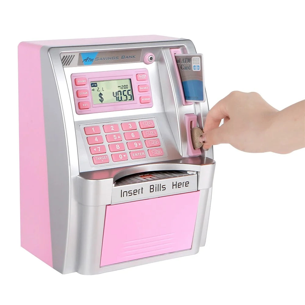 Children Piggy Bank Simulation ATM Machine Toy Banknote Automatic Rolling Saving Box (US Dollar Version) - Pink+Silver - 3