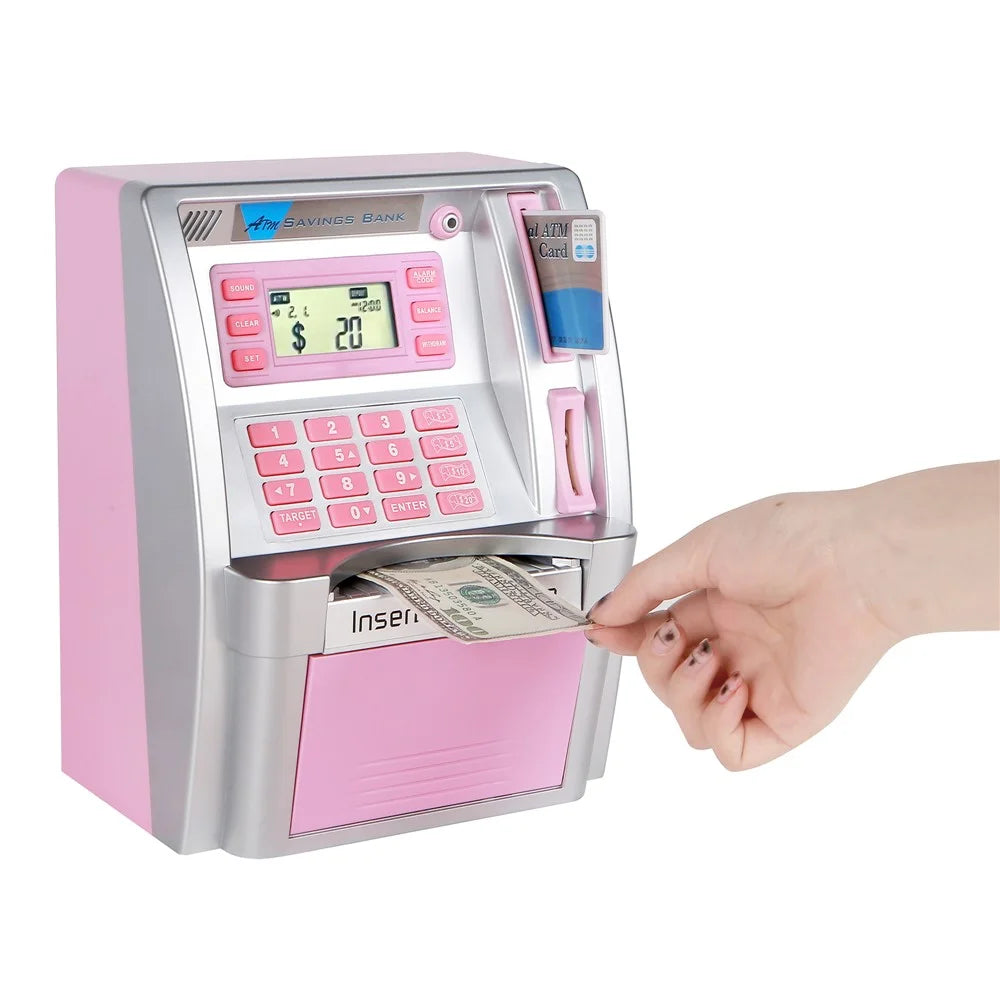 Children Piggy Bank Simulation ATM Machine Toy Banknote Automatic Rolling Saving Box (US Dollar Version) - Pink+Silver - 4
