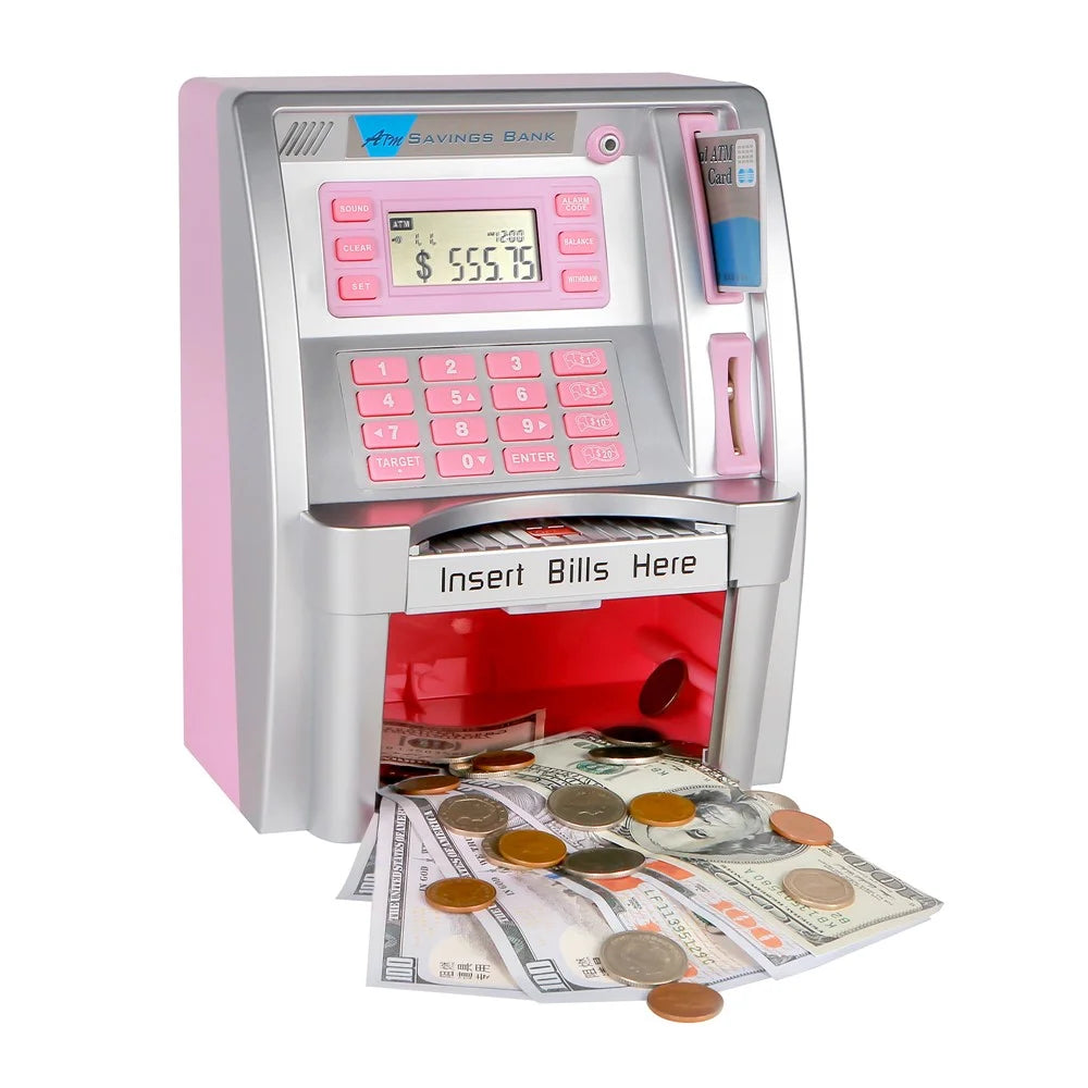 Children Piggy Bank Simulation ATM Machine Toy Banknote Automatic Rolling Saving Box (US Dollar Version) - Pink+Silver - 5