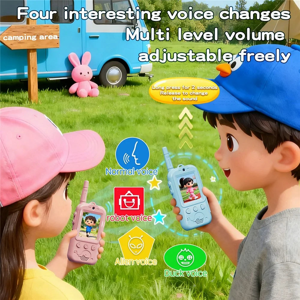 XM301 1Pair Dual-Lens Kids Video Walkie Talkie Wireless Visual Communication Toy 4 Voice Changers Children Gift with HD Display for Indoor Outdoor - Pink - 4