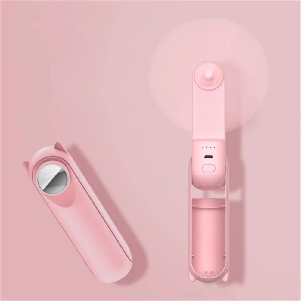 Portable Rechargeable Folding Handheld Fan Summer Mini 3-Speed Cooling Fan with Makeup Mirror - Pink - 1