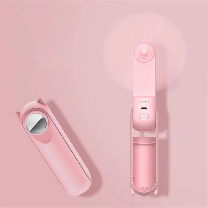 Portable Rechargeable Folding Handheld Fan Summer Mini 3-Speed Cooling Fan with Makeup Mirror - Pink - 1