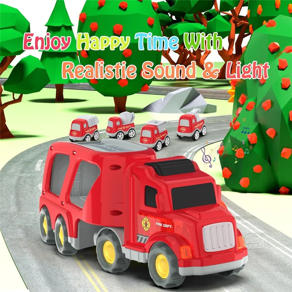 Friction Powered Cars Push and Go Trucks Construction Vehicles Toy Gifts Set - Red - 3
