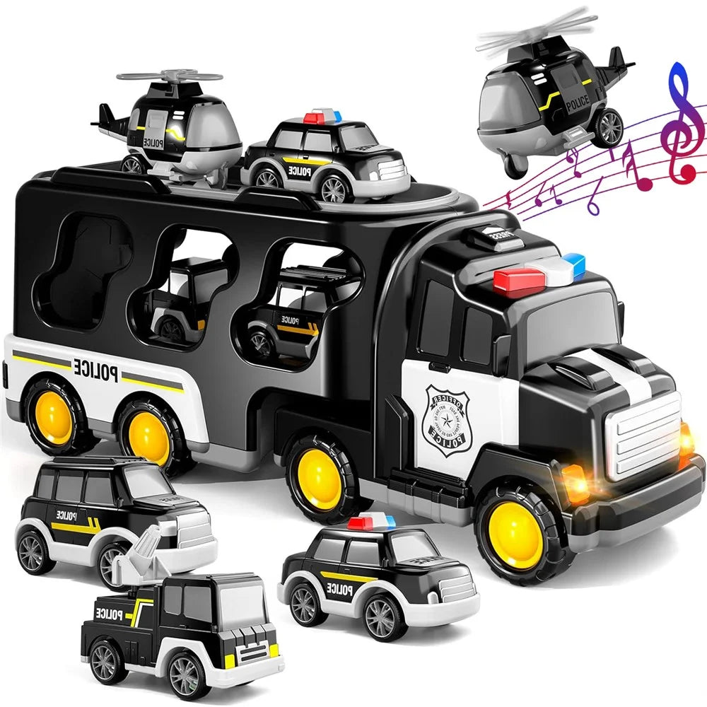 Kids Vehicles Cars Toy Gifts Set Toddlers Trucks Ambulances Helicopters (Dual Layers) - Black - 1