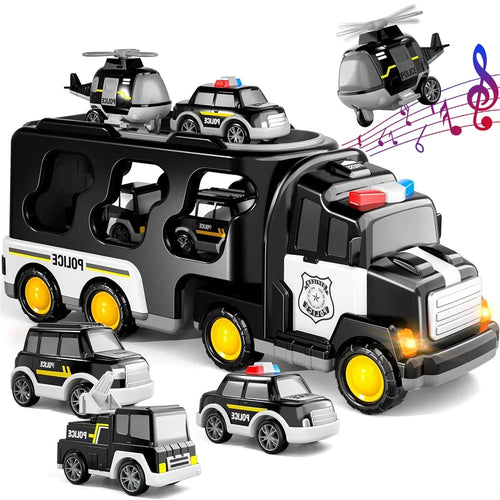 Kids Vehicles Cars Toy Gifts Set Toddlers Trucks Ambulances Helicopters (Dual Layers) - Black - 1