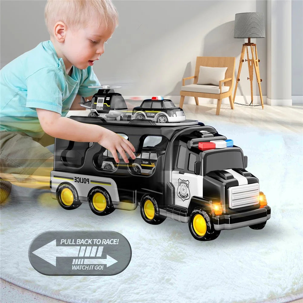 Kids Vehicles Cars Toy Gifts Set Toddlers Trucks Ambulances Helicopters (Dual Layers) - Black - 4