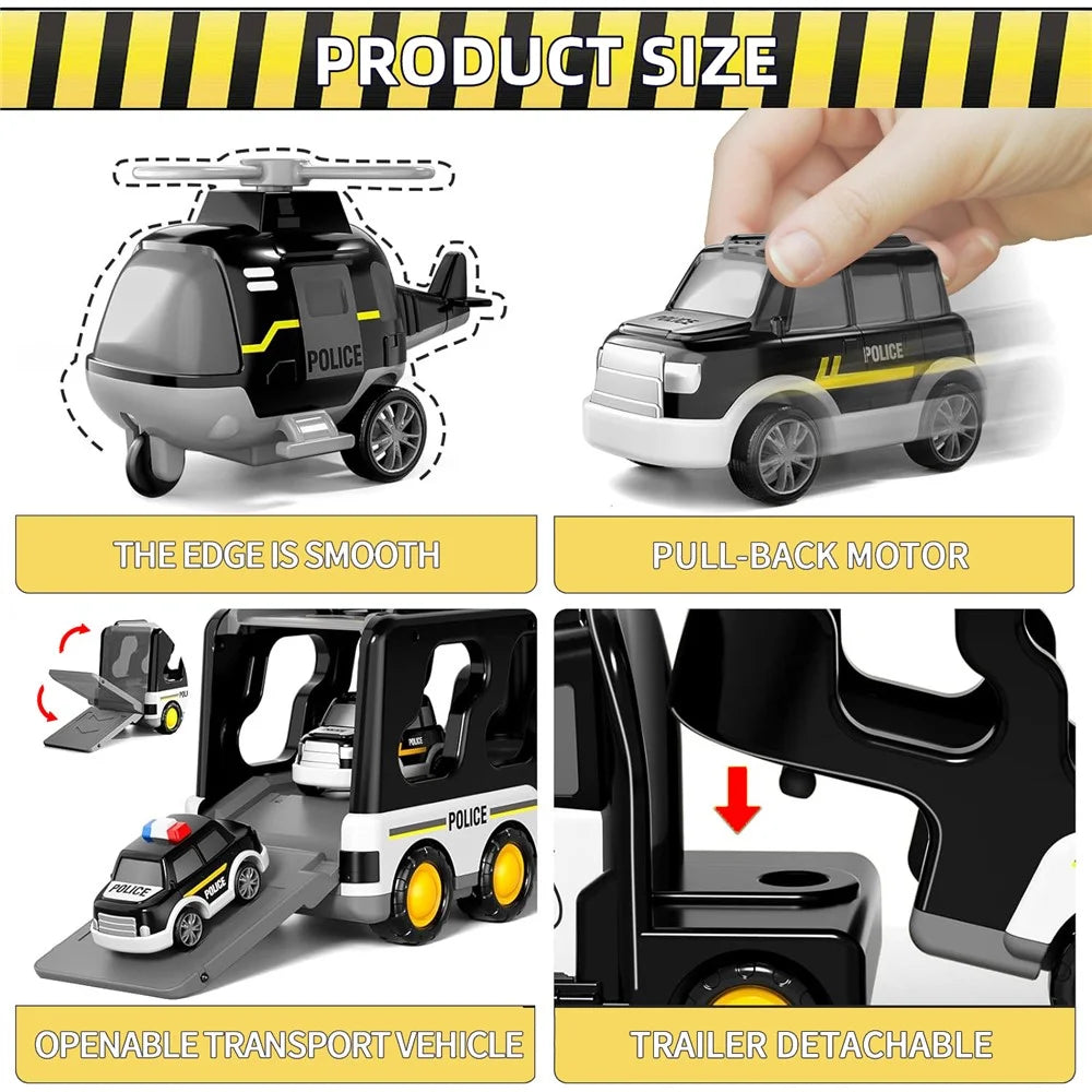 Kids Vehicles Cars Toy Gifts Set Toddlers Trucks Ambulances Helicopters (Dual Layers) - Black - 5