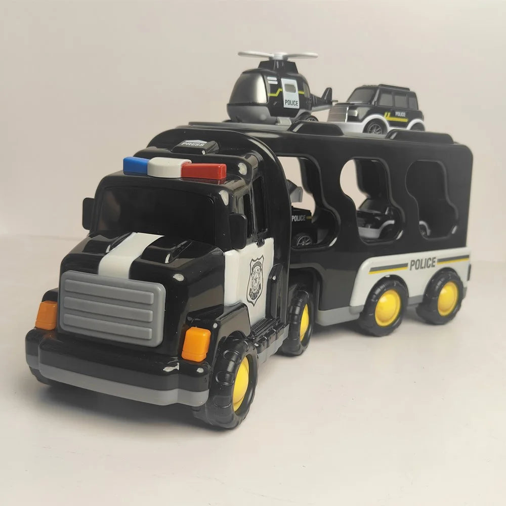 Kids Vehicles Cars Toy Gifts Set Toddlers Trucks Ambulances Helicopters (Dual Layers) - Black - 6