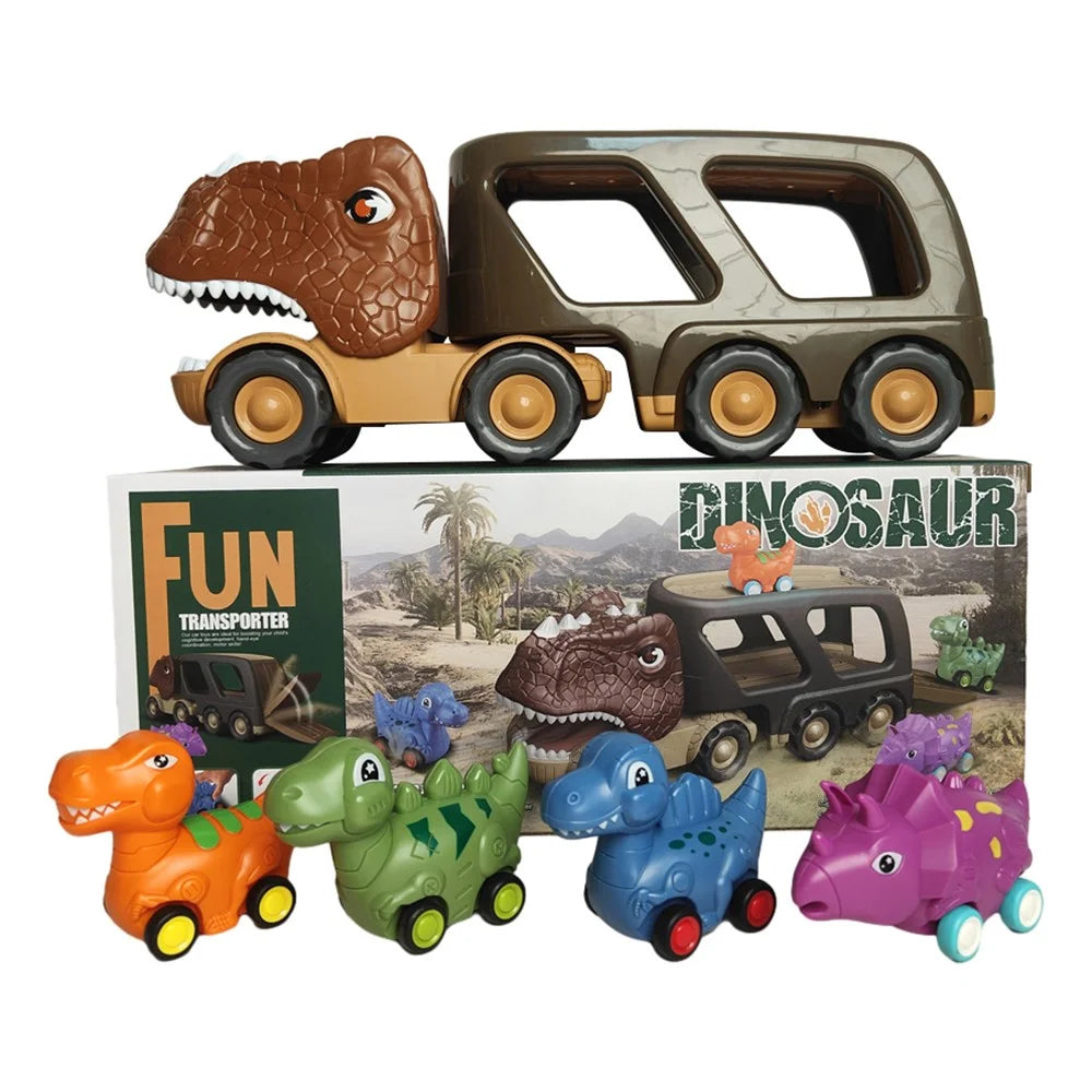 Kids Dinosaur Shape Car Toy Gifts Set Vehicle Playset Push to Slide Sound Light Design - 1