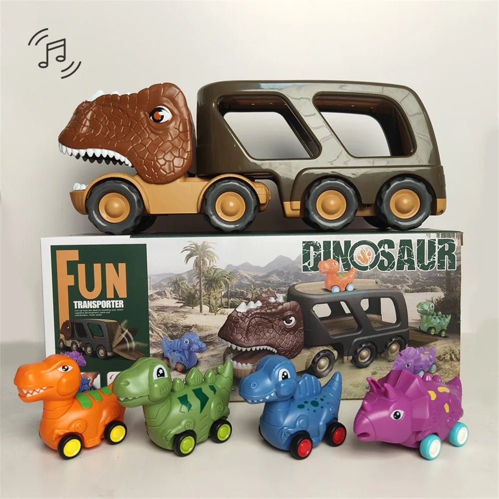 Kids Dinosaur Shape Car Toy Gifts Set Vehicle Playset Push to Slide Sound Light Design - 2