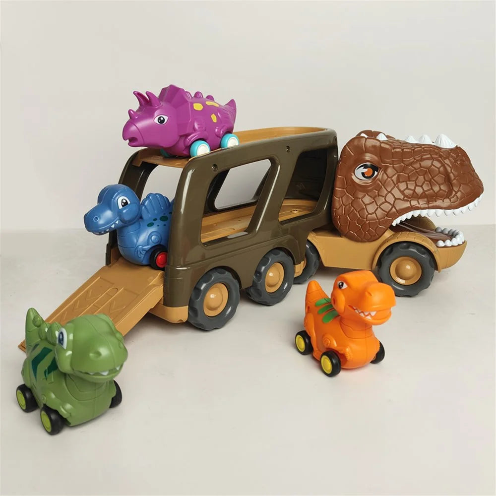 Kids Dinosaur Shape Car Toy Gifts Set Vehicle Playset Push to Slide Sound Light Design - 3