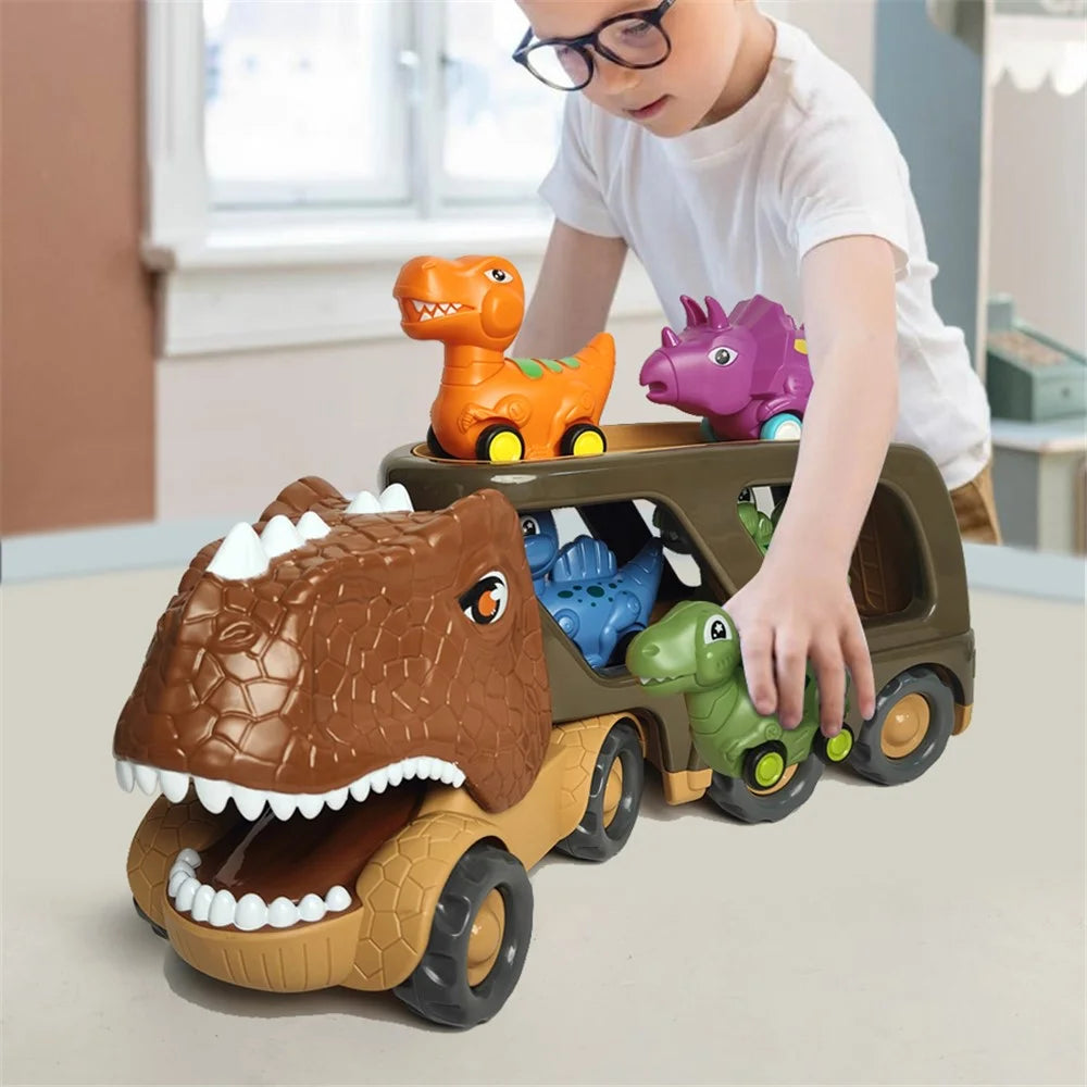 Kids Dinosaur Shape Car Toy Gifts Set Vehicle Playset Push to Slide Sound Light Design - 4