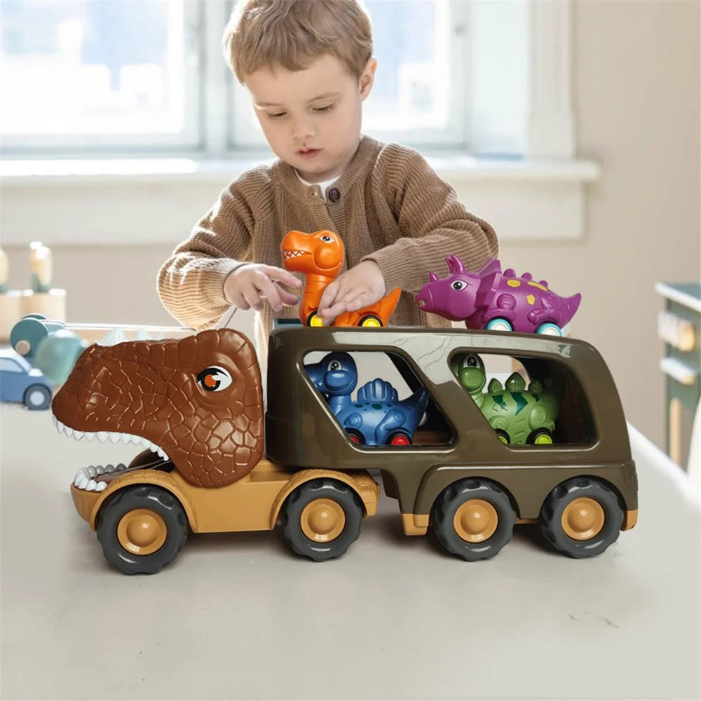 Kids Dinosaur Shape Car Toy Gifts Set Vehicle Playset Push to Slide Sound Light Design - 5