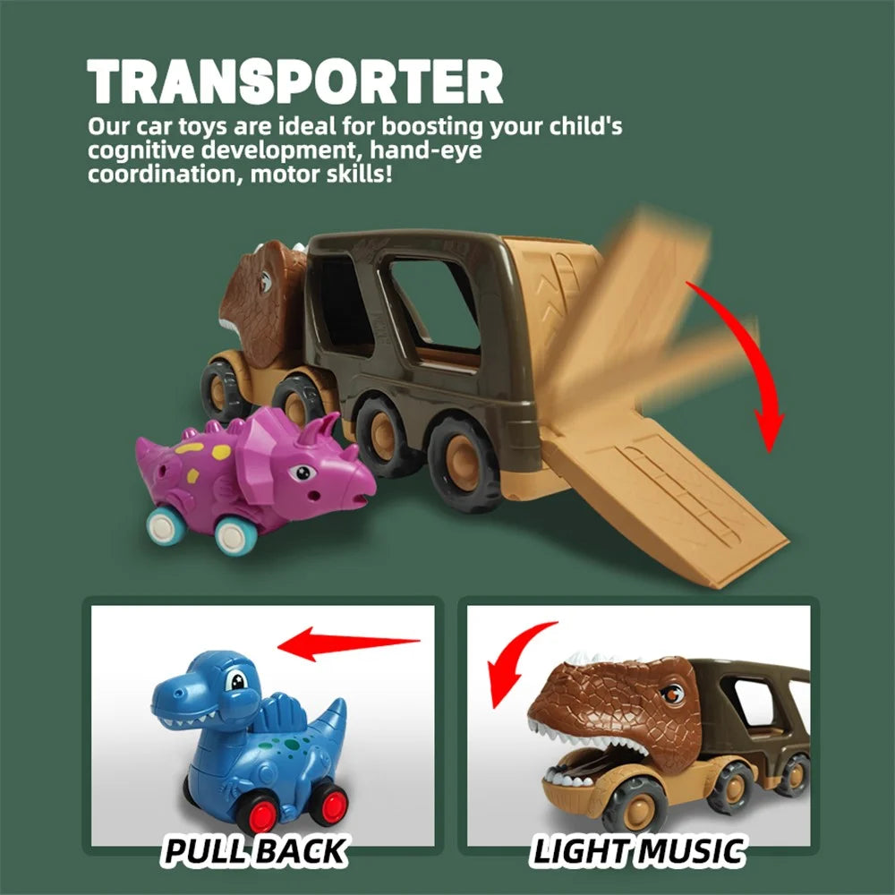 Kids Dinosaur Shape Car Toy Gifts Set Vehicle Playset Push to Slide Sound Light Design - 7
