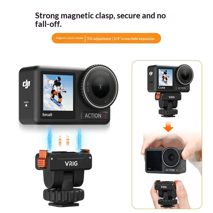 VRIG Magnetic Mount Base for DJI Osmo Action 5 Pro/4/3 160 Degree Tilt Angle Quick Release Cold Shoe Camera Accessory - 3