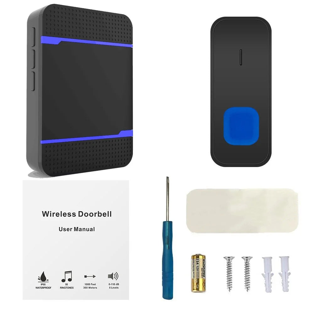 N15K-B IP55 Waterproof Wireless Doorbell Kit Transmitter + 2 Receivers Doll Bell with 55 Chimes 5 Level Volume for Home - Black / EU Plug - 4