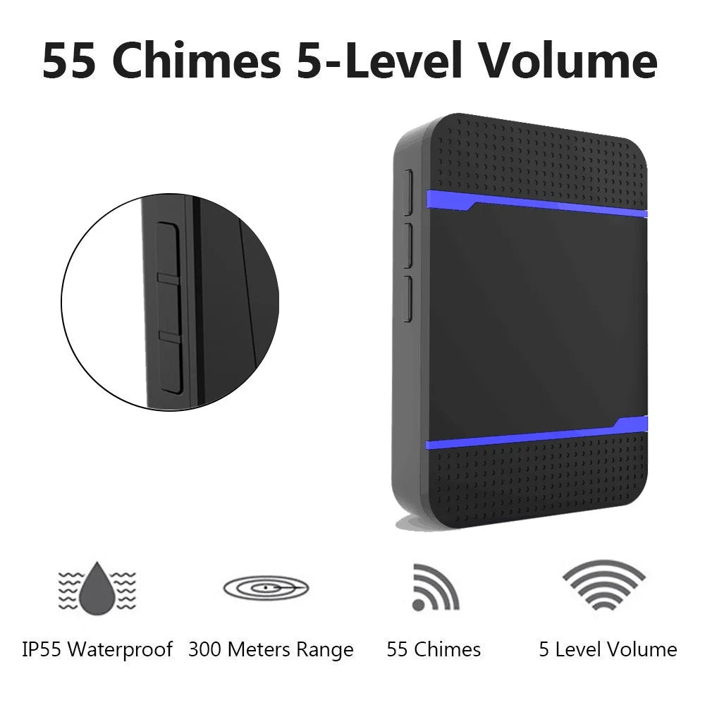 N15K-B IP55 Waterproof Wireless Doorbell Kit Transmitter + 2 Receivers Doll Bell with 55 Chimes 5 Level Volume for Home - Black / EU Plug - 5
