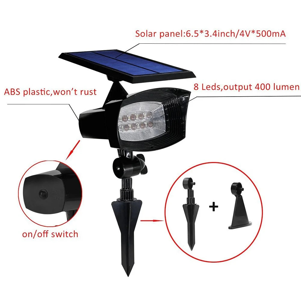 8-LED 400 Lumen Solar Spotlight Outdoor Landscape Light IP44 Waterproof Wall-mount In-ground White Light - 3