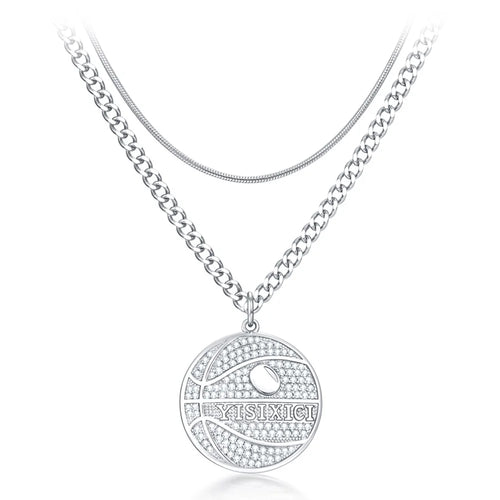 YISIXICI XL13140033 Zirconia Basketball Pendant Necklace S925 Silver Neck Jewelry (Dual Circle Chain) - Style A - 1