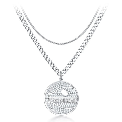YISIXICI XL13140033 Zirconia Basketball Pendant Necklace S925 Silver Neck Jewelry (Dual Circle Chain) - Style A - 1