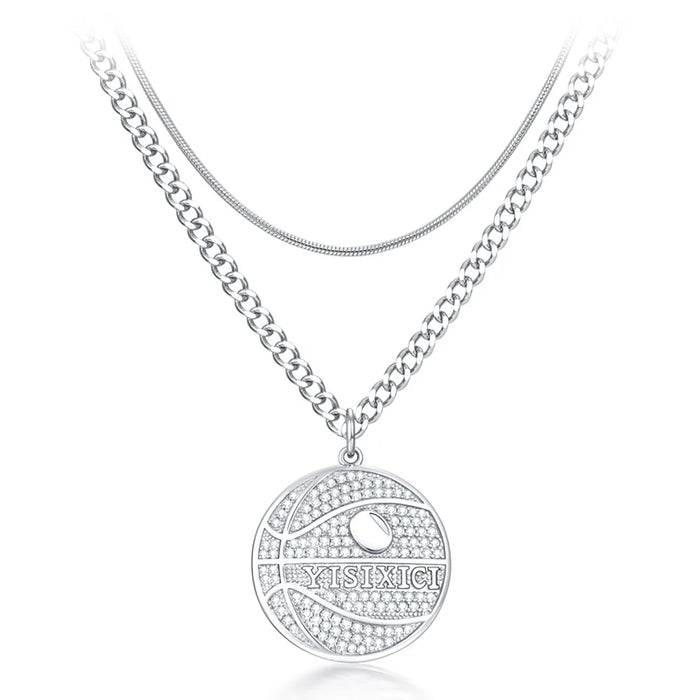 YISIXICI XL13140033 Zirconia Basketball Pendant Necklace S925 Silver Neck Jewelry (Dual Circle Chain) - Style A - 1