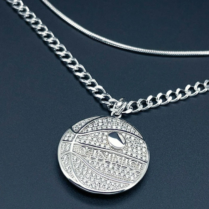 YISIXICI XL13140033 Zirconia Basketball Pendant Necklace S925 Silver Neck Jewelry (Dual Circle Chain) - Style A - 3