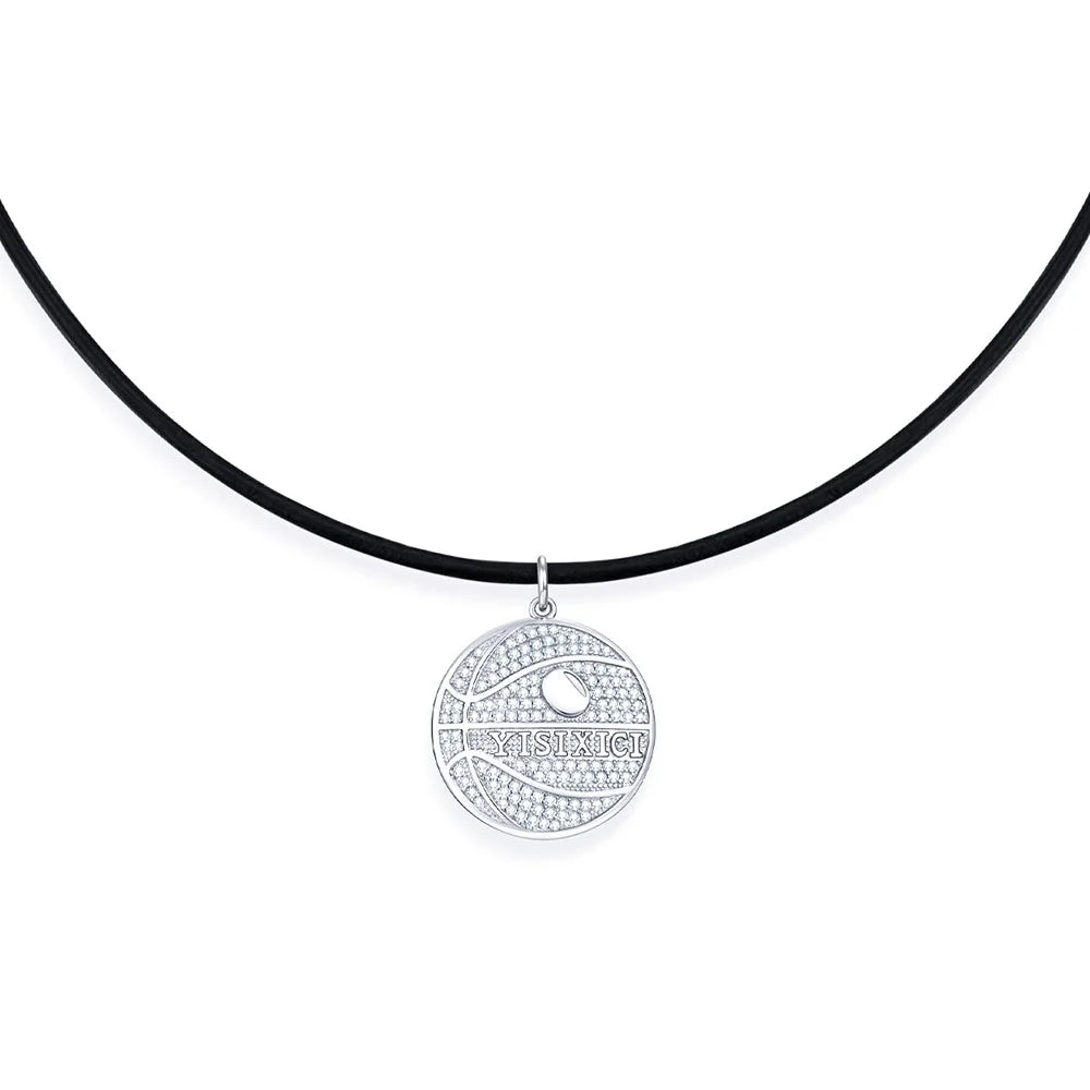YISIXICI XL13140040 Zirconia Basketball Pendant Necklace S925 Silver Neck Jewelry with Cowhide Leather Rope - 2