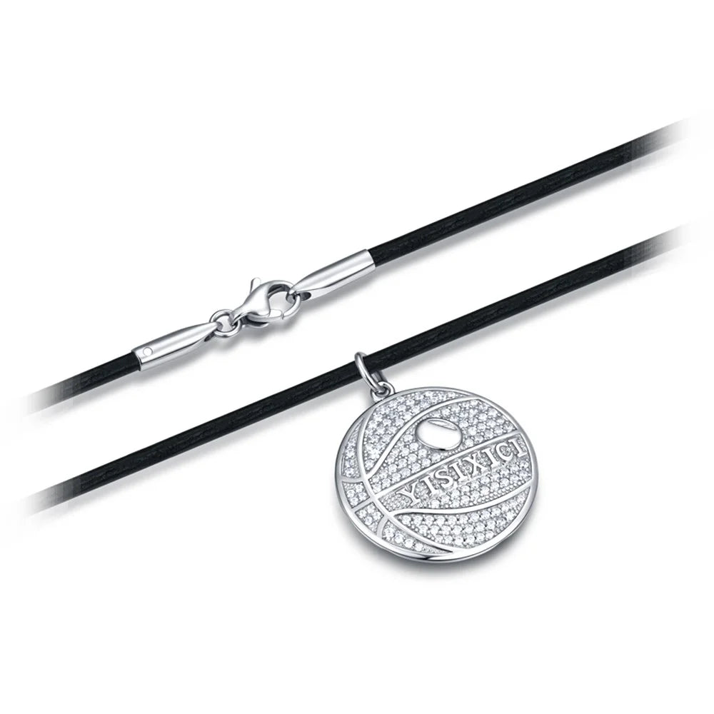 YISIXICI XL13140040 Zirconia Basketball Pendant Necklace S925 Silver Neck Jewelry with Cowhide Leather Rope - 3