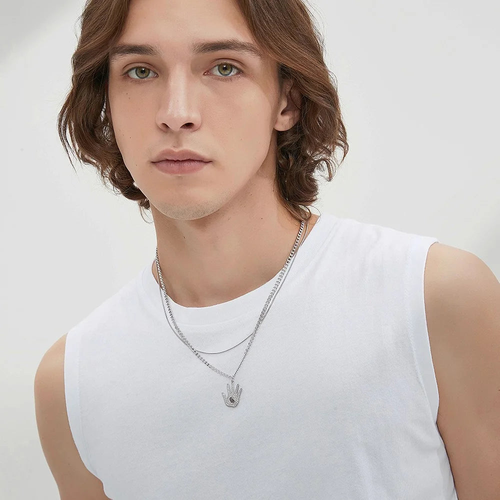 YISIXICI XL13140032 Hand Of Basketball Necklace S925 Silver Neck Jewelry (Dual Circle Chain) - Style A - 4