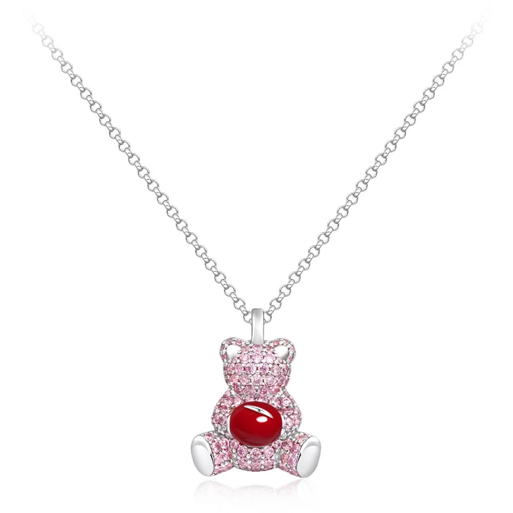 YISIXICI XL13140009 Zirconia Necklace Bear Hugging Red Love Seed Neck Jewelry Gift - Pink  /  Pink - 1