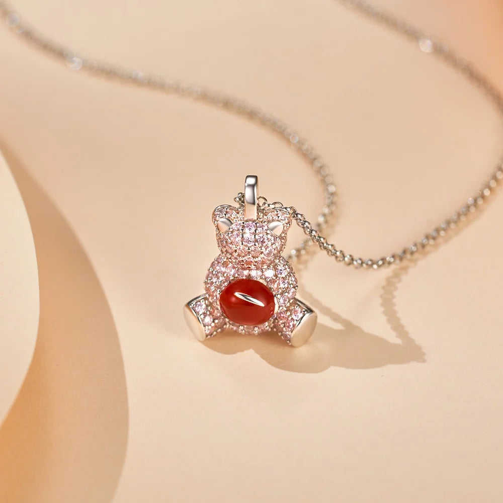 YISIXICI XL13140009 Zirconia Necklace Bear Hugging Red Love Seed Neck Jewelry Gift - Pink  /  Pink - 2