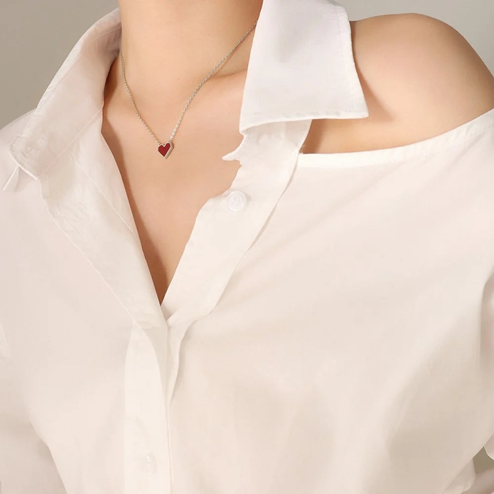 Elegant Heart Pendant Necklace Titanium Steel Chain Versatile Fashion Jewelry 40+5cm Extender - Silver - 1
