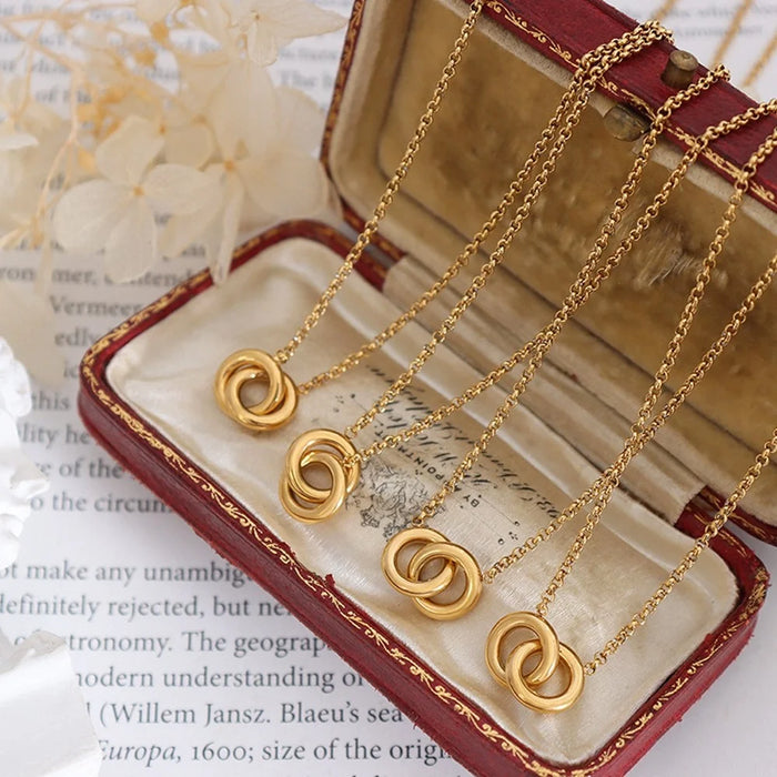 Luxury Interlocking Circles Pendant Necklace Titanium Steel Gold Plated Fashion Versatile 40+5cm Chain - 4
