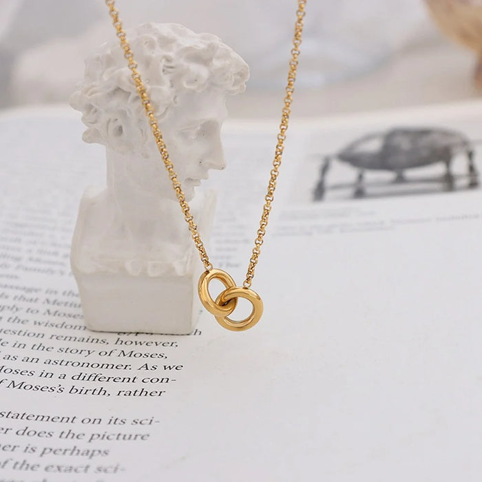 Luxury Interlocking Circles Pendant Necklace Titanium Steel Gold Plated Fashion Versatile 40+5cm Chain - 5