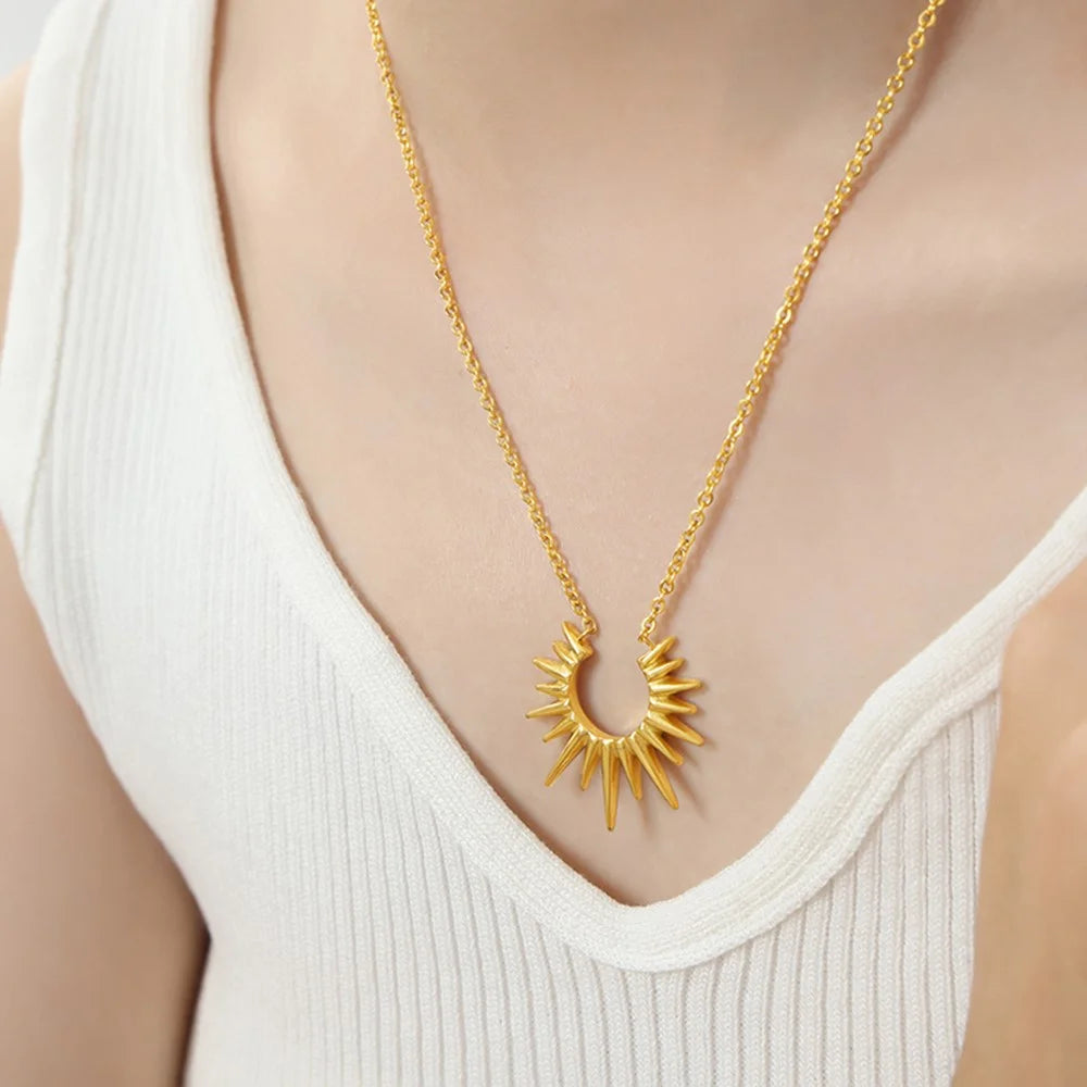 Geometric Sunburst Titanium Steel Gold Plated Necklace Fashion Versatile Unique European Style - 2
