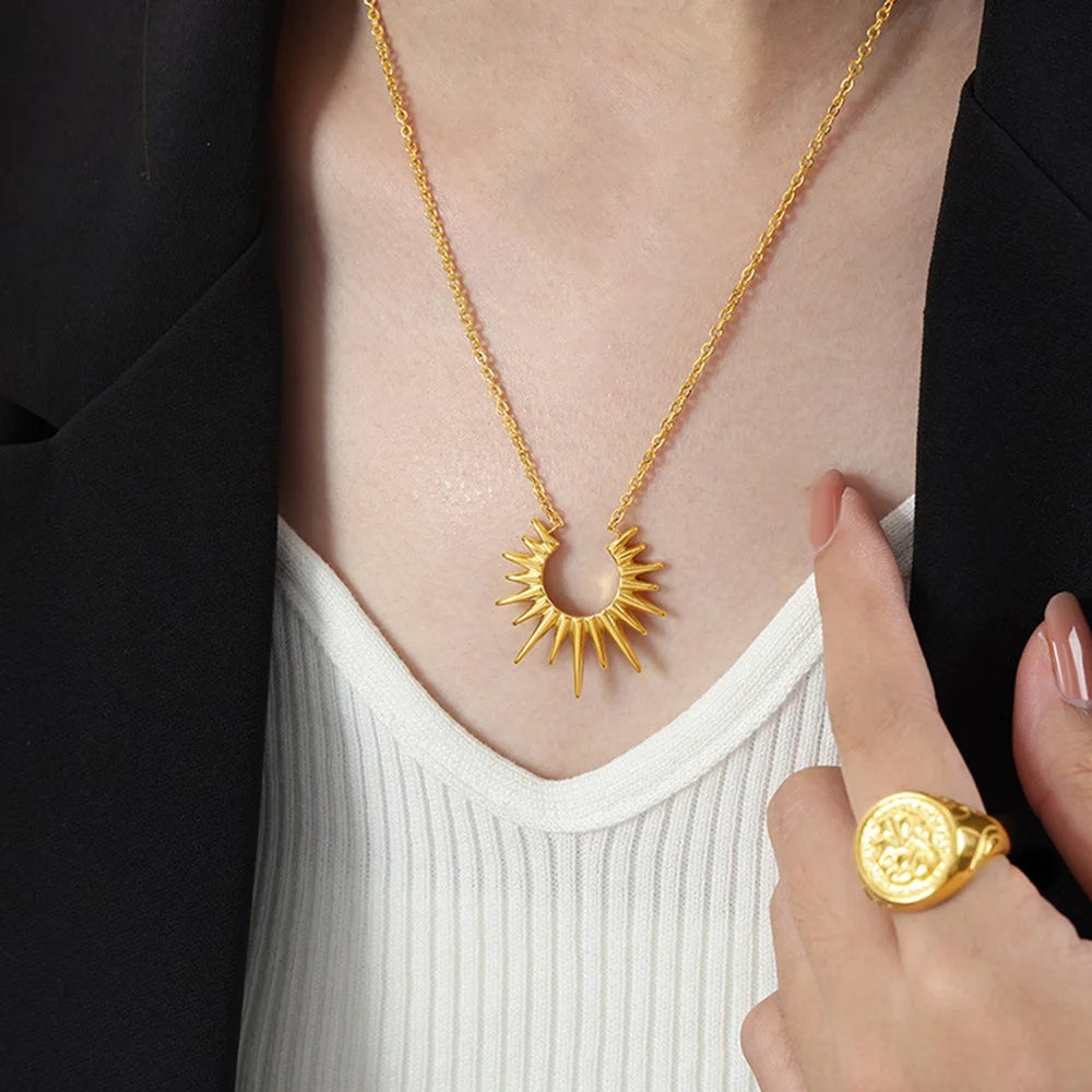 Geometric Sunburst Titanium Steel Gold Plated Necklace Fashion Versatile Unique European Style - 3