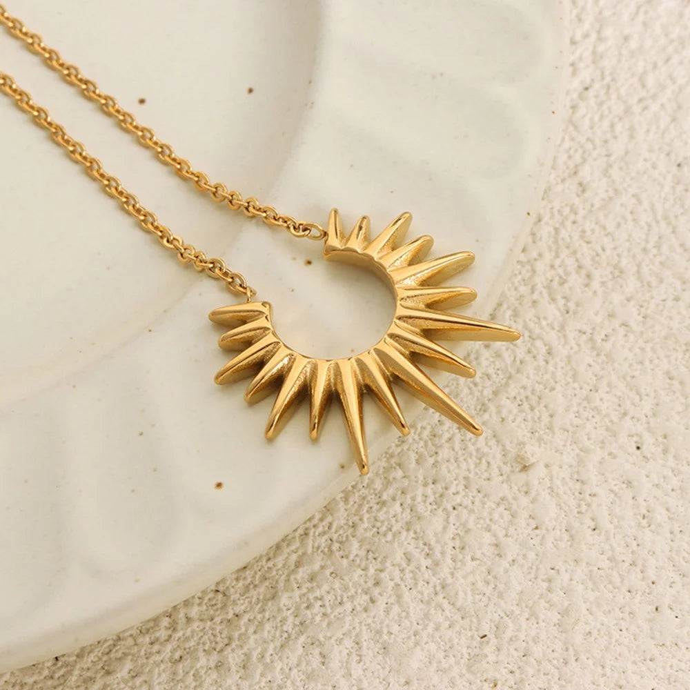 Geometric Sunburst Titanium Steel Gold Plated Necklace Fashion Versatile Unique European Style - 4