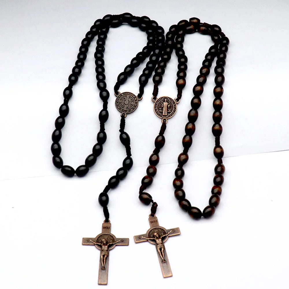 Cross Pendant Necklace with 59 Wooden Beads Religious Rosary Jewelry for Prayer Meditation - 3