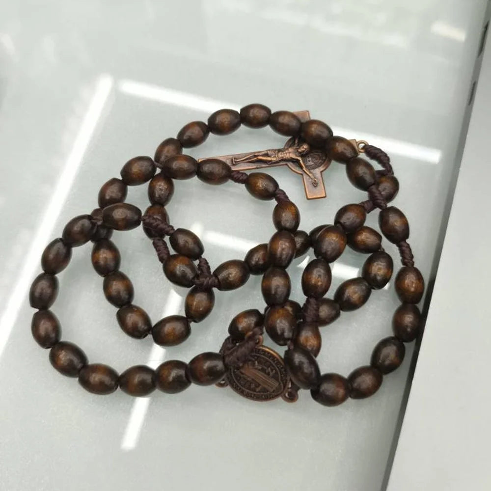 Cross Pendant Necklace with 59 Wooden Beads Religious Rosary Jewelry for Prayer Meditation - 4
