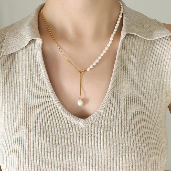 Luxury Titanium Steel Gold Plated Snake Chain Adjustable Freshwater Pearl Necklace Geometric Design Jewelry Gift - 1