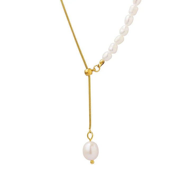 Luxury Titanium Steel Gold Plated Snake Chain Adjustable Freshwater Pearl Necklace Geometric Design Jewelry Gift - 2