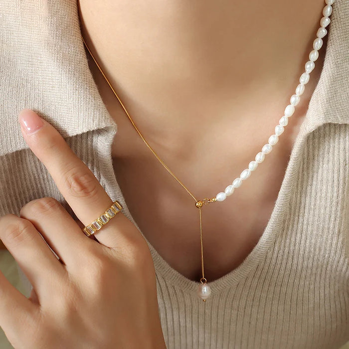 Luxury Titanium Steel Gold Plated Snake Chain Adjustable Freshwater Pearl Necklace Geometric Design Jewelry Gift - 3