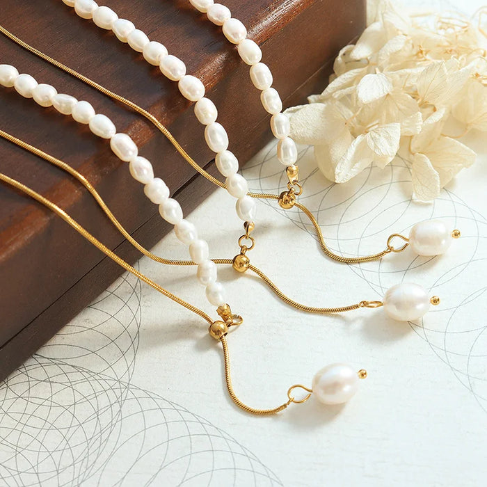 Luxury Titanium Steel Gold Plated Snake Chain Adjustable Freshwater Pearl Necklace Geometric Design Jewelry Gift - 4