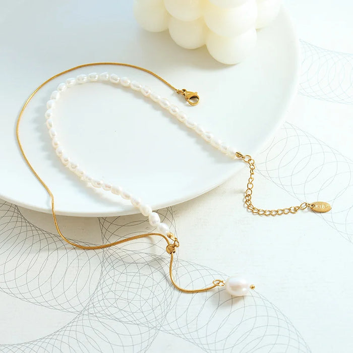 Luxury Titanium Steel Gold Plated Snake Chain Adjustable Freshwater Pearl Necklace Geometric Design Jewelry Gift - 5