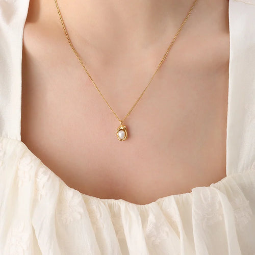 Titanium Steel Gold Plated Cuban Chain Adjustable Natural Freshwater Pearl Geometric Pendant Necklace for Women - 1