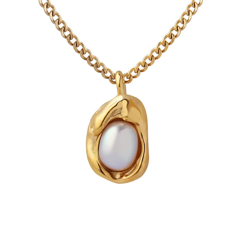Titanium Steel Gold Plated Cuban Chain Adjustable Natural Freshwater Pearl Geometric Pendant Necklace for Women - 2
